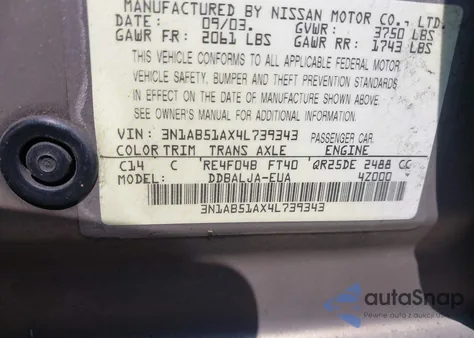 2004 Nissan Sentra 2.5S from USA, damaged, VIN 3N1AB51AX4L739343